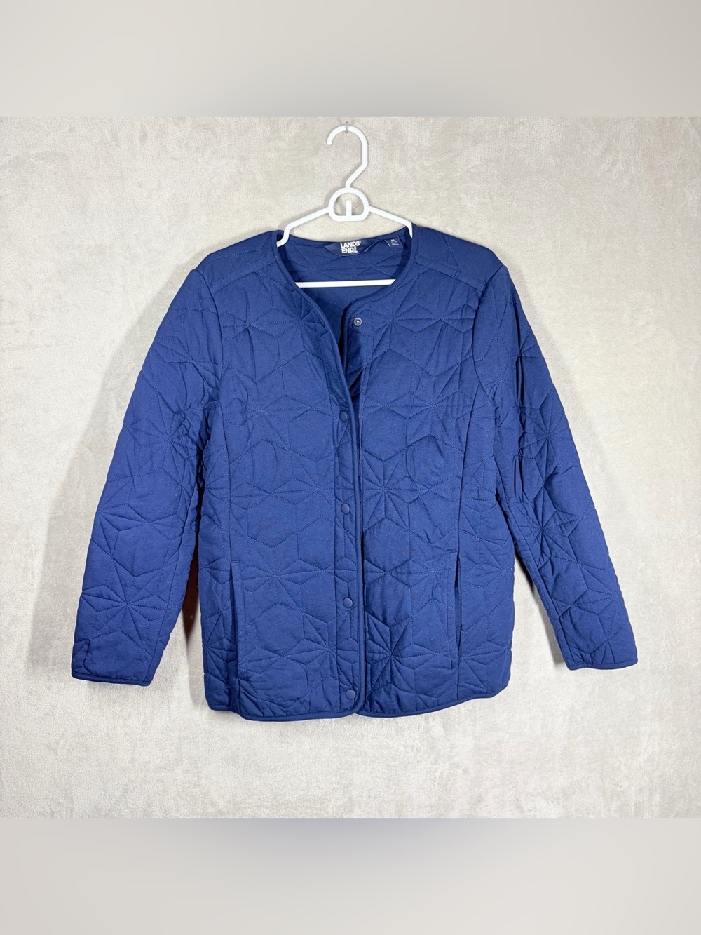 Lands‎ End Quilted Short Jacket Women’s M Blue Cotton Snap Closure Lightweight